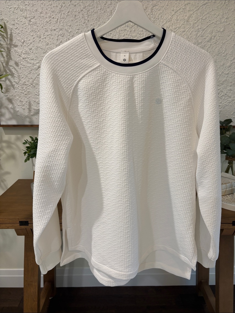 lululemon athletica White Textured Crewneck Sweater with Navy Trim